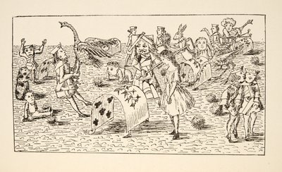 Alice e la Regina Rossa giocano a croquet, illustrazione da Le avventure di Alice sottoterra, pub. 1886 (facsimile) da Charles Lutwidge Dodgson